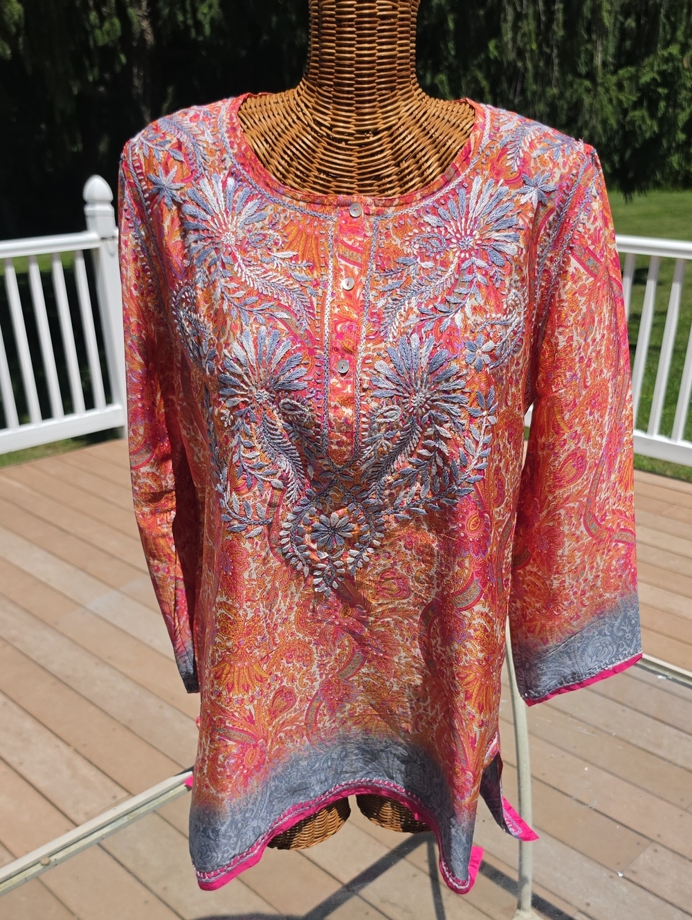 Soft Surroundings Pink-Orange Paisley Embroidered Tunic Top